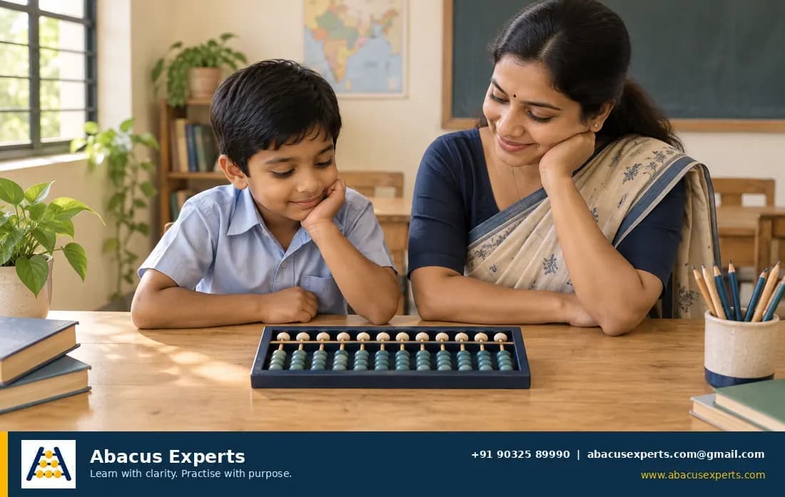 An Indian child learning an abacus example with a teacher in a classroom