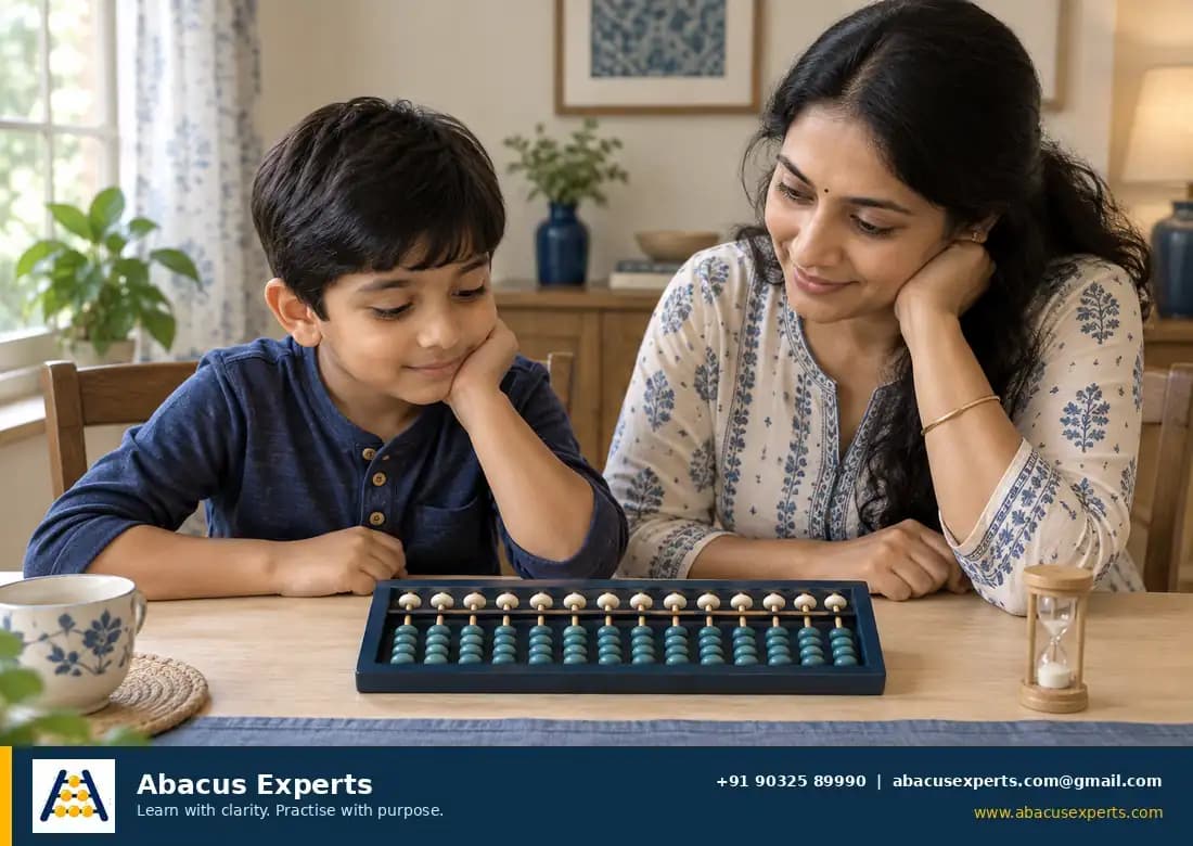 An Indian parent supporting a child during a short abacus example at home