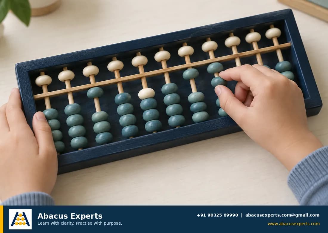 Hands using a one-upper-bead and four-lower-bead soroban for a multi-digit example