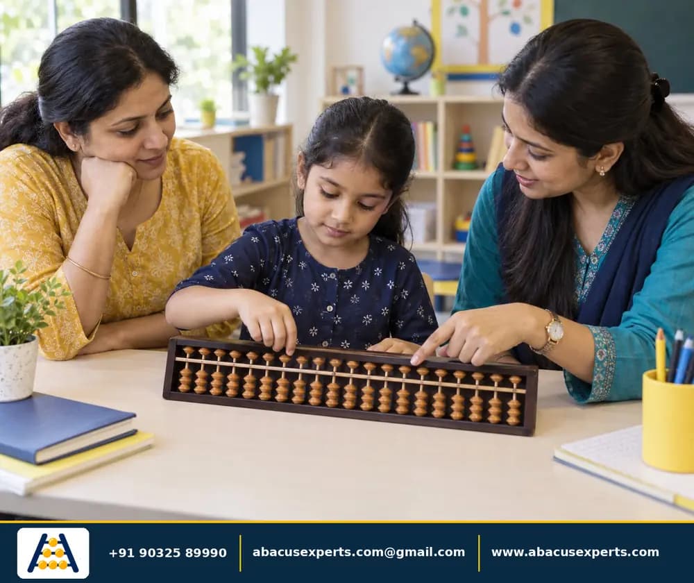 A parent and child discussing an abacus readiness activity with a teacher