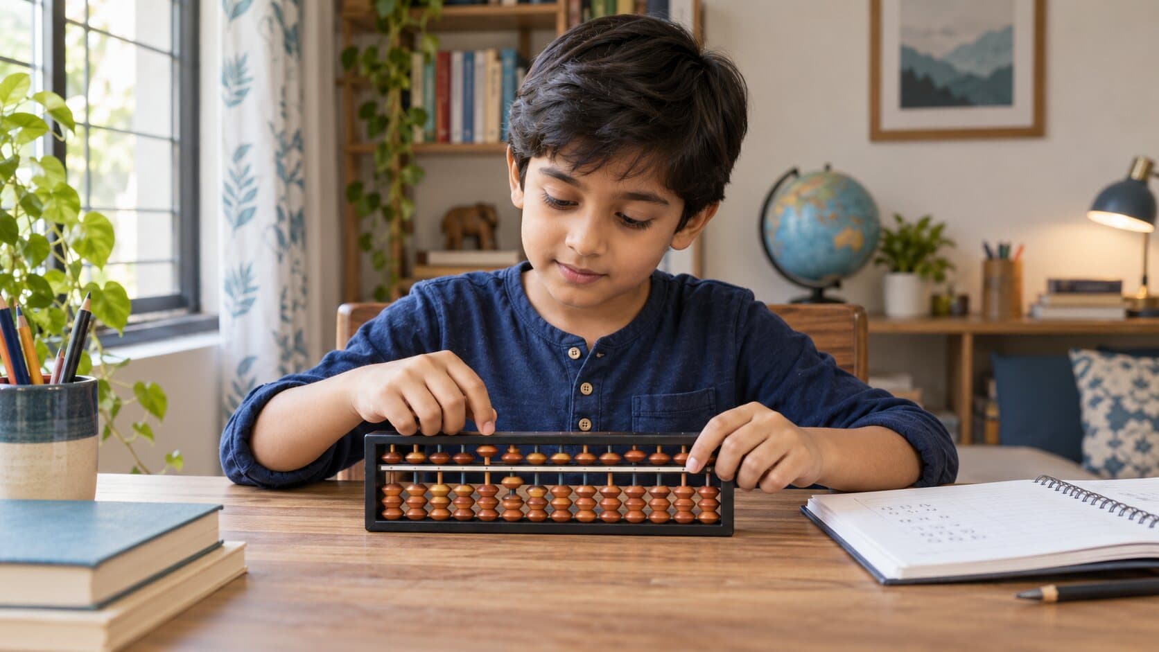 Child practising place value and arithmetic on a physical abacus at a study desk