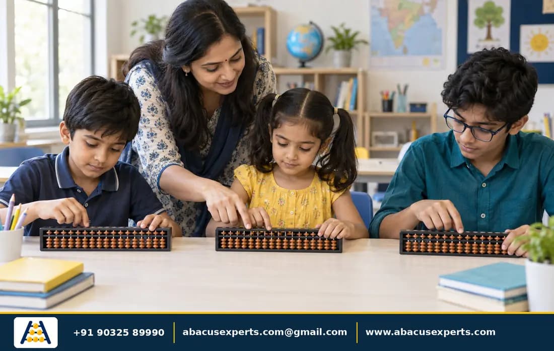 Children learning with physical arithmetic abacuses as a teacher guides them