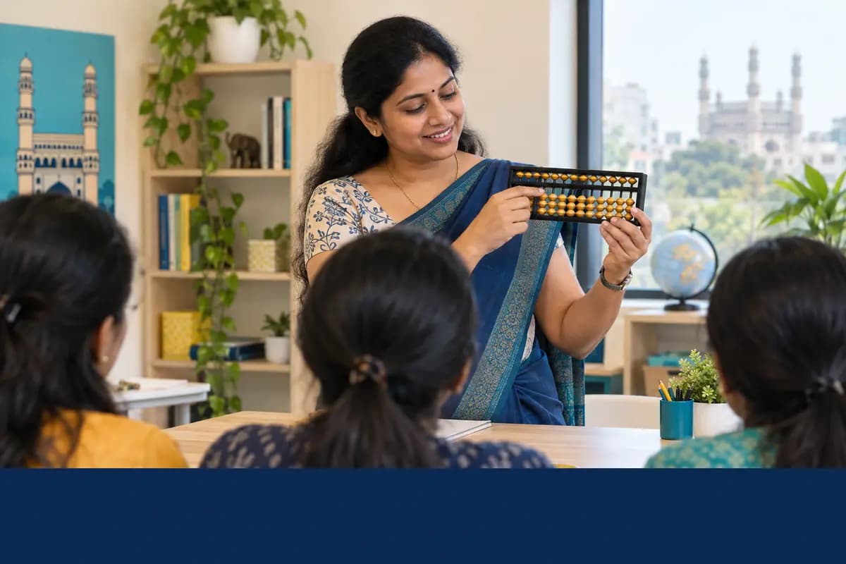 Illustrative scene of an educator demonstrating place value on a physical abacus