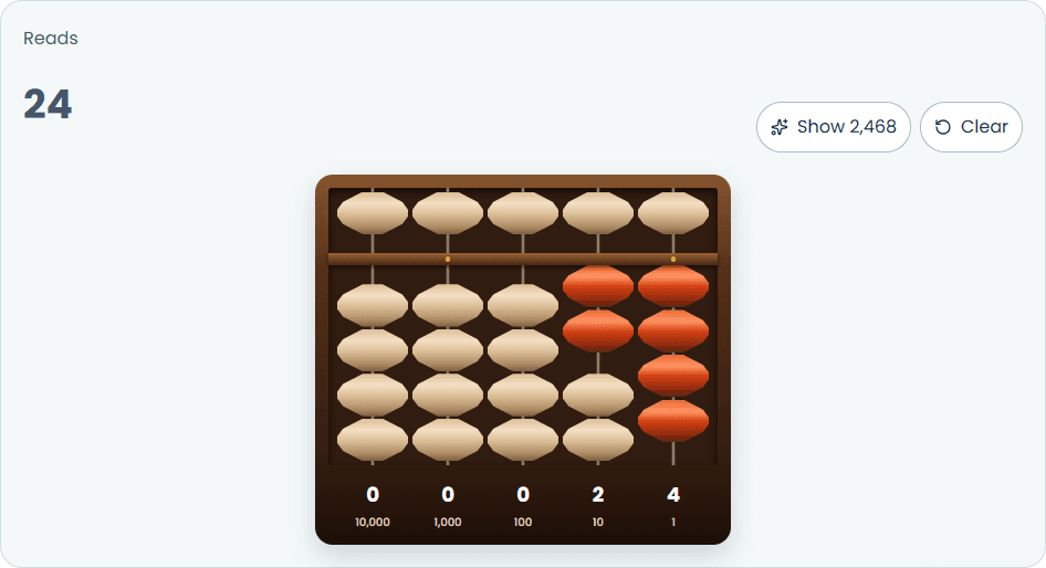 The calculator on this page showing 24, with two lower tens beads and four lower ones beads active.