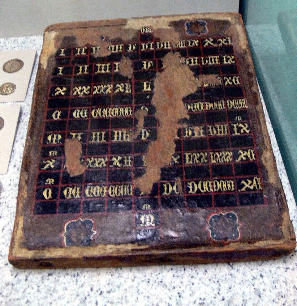 A medieval Italian counting board photographed at the German Historical Museum in Berlin.